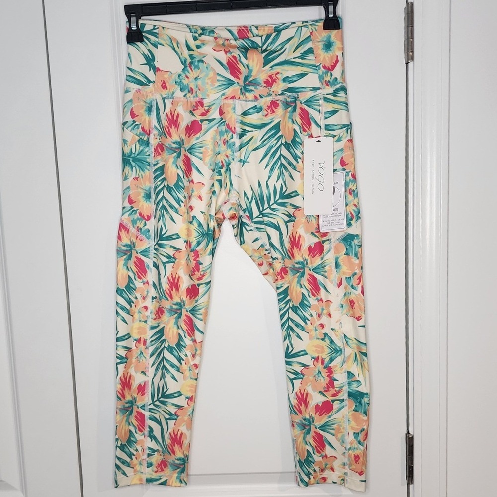 Vogo Flower Tropical High Waist Leggings with Pockets Size L NWT
